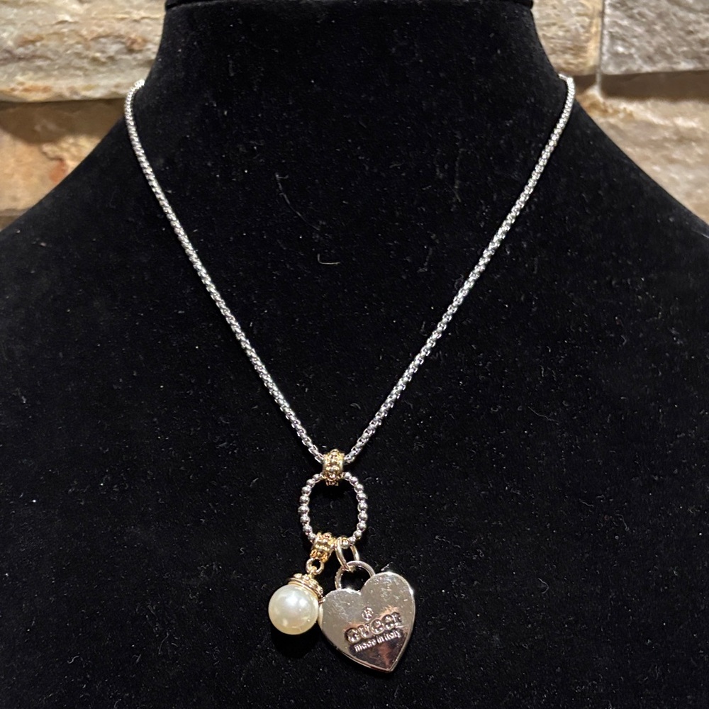 Silver Heart Pendant Necklace with Upcycled GG heart charm & Pearl Charm
